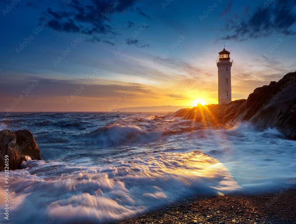A lighted lighthouse on the shore in the evening at sunset A lighted lighthouse on the shore in the evening at sunset