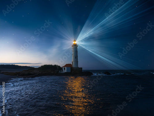A lighted lighthouse on the shore of the swirling night sea
