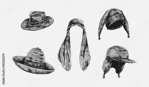 Set collection scribble drawing of fedora hat, keffiyeh, sombrero hat, jester hat, and trapper hat. Vector illustration.