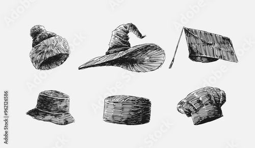 Set collection scribble drawing of beanie hat, witch hat, graduation cap, bucket hat, muslim cap, and chef hat. Vector illustration.
