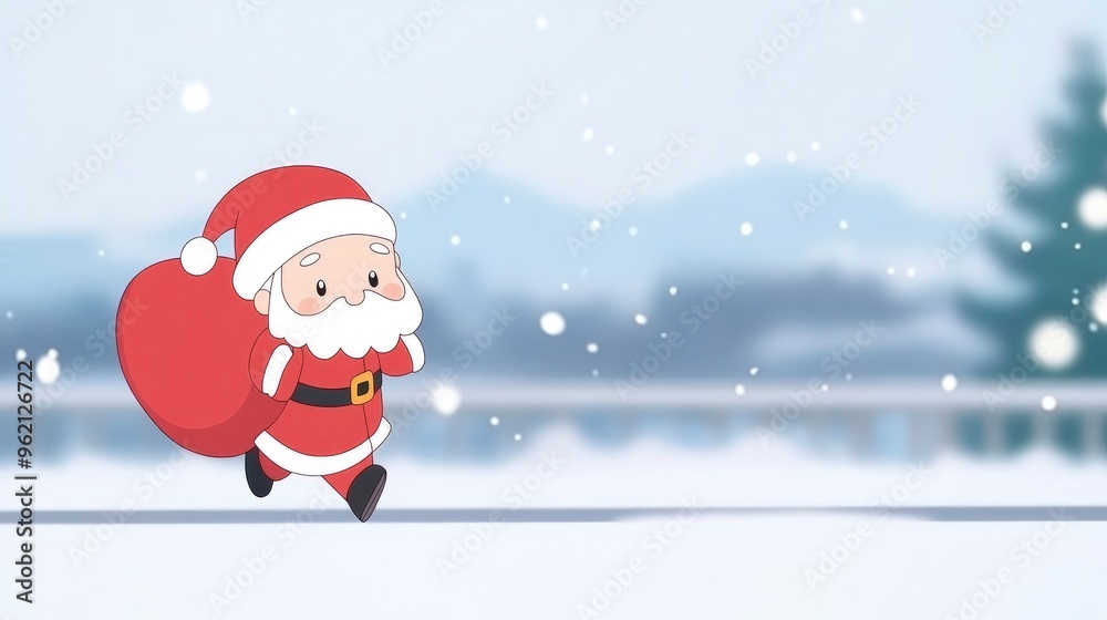 Santa Claus running with a huge red bag, set against a winter snowfall landscape background. Christmas and New Year concept banner. Santa Claus running with a huge red bag, set against a winter snowfall landscape background. Christmas and New Year concept banner.