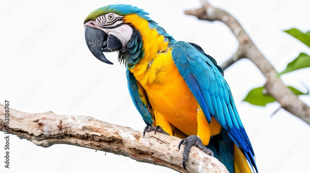 vibrant blue and yellow macaw parrot perched on branch isolated on white background exotic bird portrait highquality animal photography vibrant blue and yellow macaw parrot perched on branch isolated on white background exotic bird portrait highquality animal photography