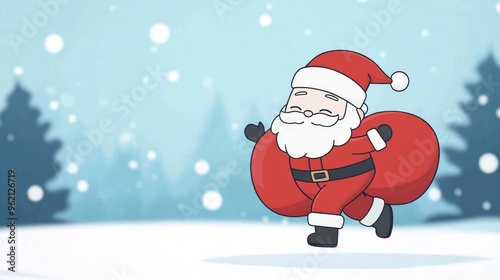 Santa Claus running with a huge red bag, set against a winter snowfall landscape background. Christmas and New Year concept banner.