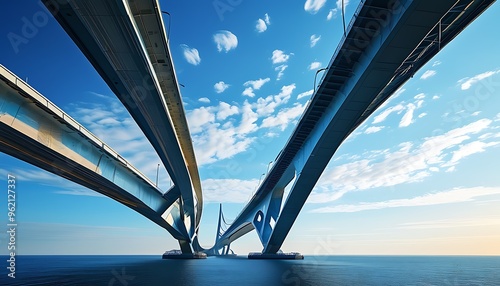 The magnificent bridge structure under the blue sky shows exquisite design and solid buildings. The bridge body contrasts sharply with the sky and is full of modernity and vitality. photo