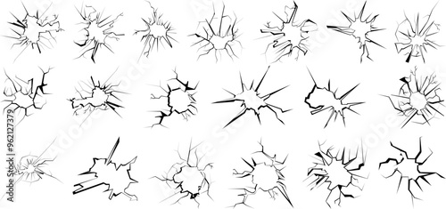 Set of Realistic Vector Cracked Glass and Broken Wall Effects for Design Projects, Shattered Glass and Wall Crack Elements Perfect for Illustrations, Backgrounds, and Special Effects