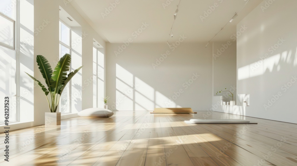 Minimalist living room interior with white walls, wooden floor and large windows with sunlight streaming through.
