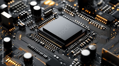 Close-up of a microchip and computer processor on a black printed circuit board, showing the internal components of an electronic device or supercomputer. 