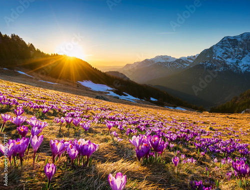 an alpine field with many crocuses in the sunrise