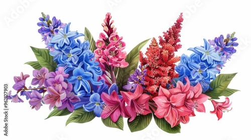 vibrant bouquet of hyacinths astilbe viburnum and calycanthus flowers realistic botanical illustration