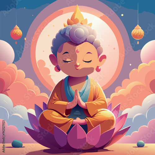 A cartoon of a Buddha boy sitting on a lotus flower. The boy is smiling and he is in a peaceful and calm state