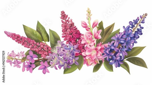 vibrant bouquet of hyacinths astilbe viburnum and calycanthus flowers realistic botanical illustration photo