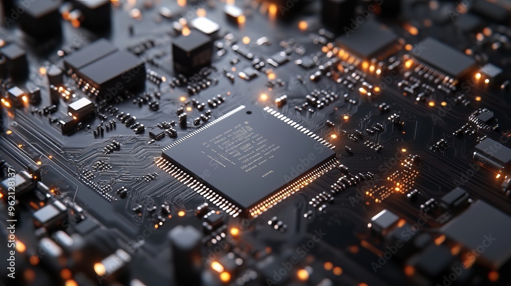Close-up of a microchip and computer processor on a black printed circuit board, showing the internal components of an electronic device or supercomputer. Close-up of a microchip and computer processor on a black printed circuit board, showing the internal components of an electronic device or supercomputer.