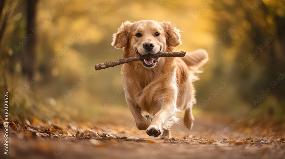 Labrador retriever running with a stick in its mouth during outdoor playtime, with an autumn background Labrador retriever running with a stick in its mouth during outdoor playtime, with an autumn background
