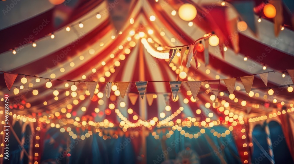 vibrant circus tent with red and white stripes festooned with colorful ...
