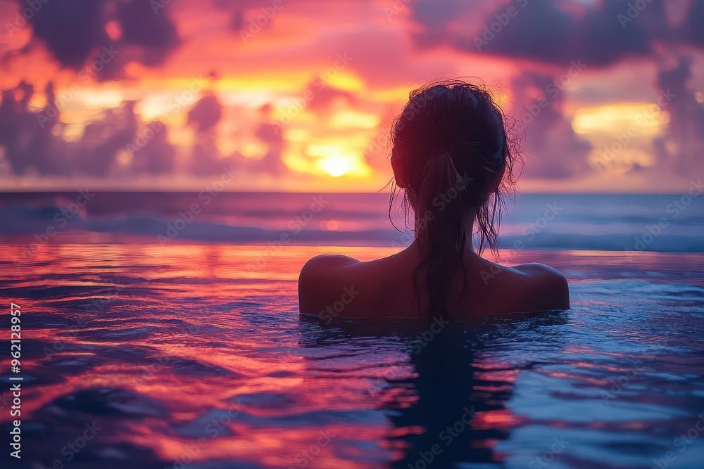 silhouetted woman lounging in infinity pool framed by vibrant sunset sky and calm ocean horizon silhouetted woman lounging in infinity pool framed by vibrant sunset sky and calm ocean horizon