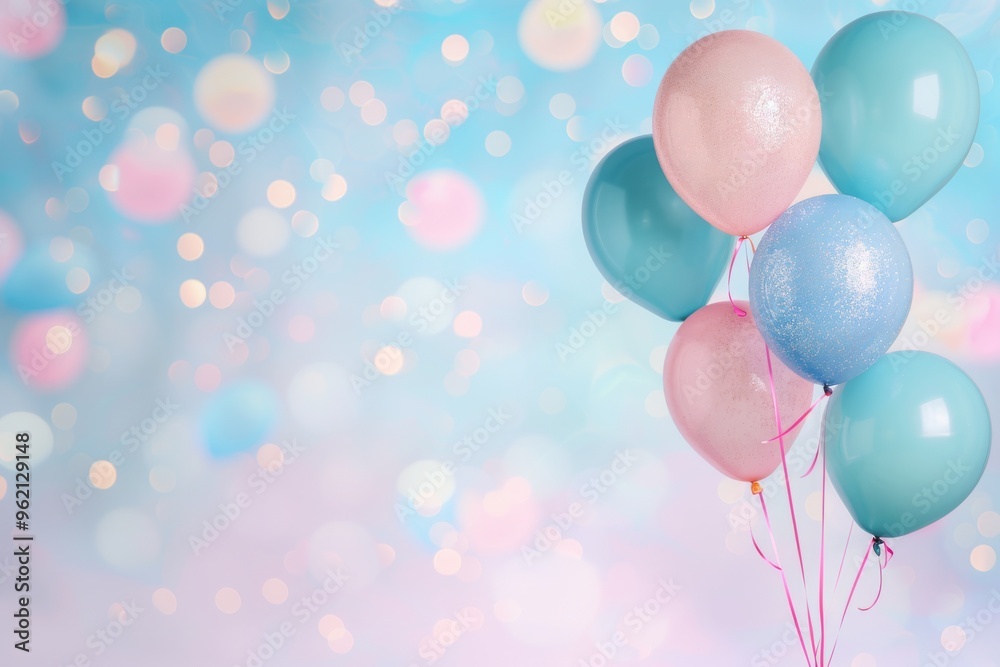 Five pastel balloons, a mix of pink and blue, float against a blurred, bokeh background of light blue and pink. Five pastel balloons, a mix of pink and blue, float against a blurred, bokeh background of light blue and pink.