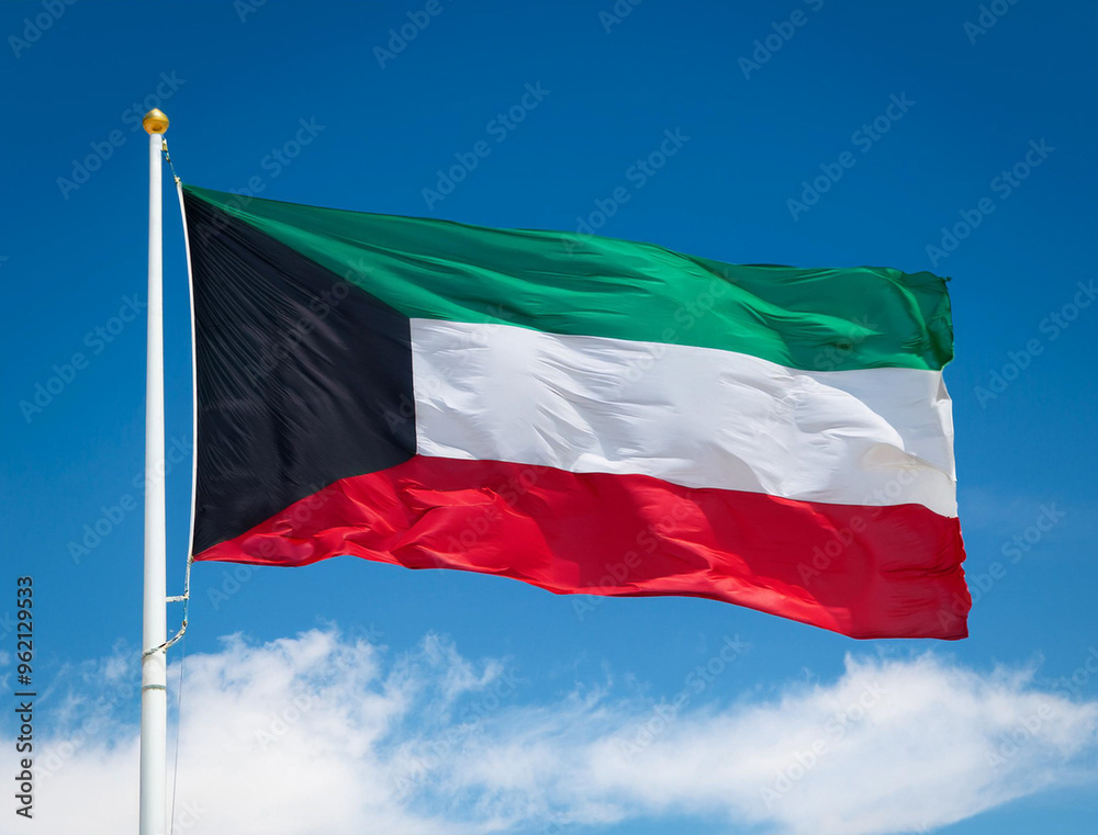Kuwait flag waving in the wind against a blue sky background