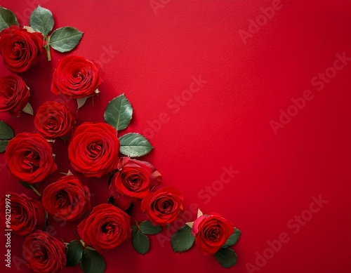 Vibrant red roses in a stunning top-view arrangement on a scarlet background - copy space available