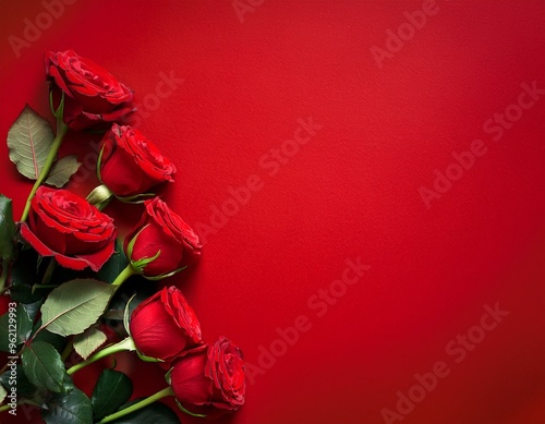 Vibrant red roses in a stunning top-view arrangement on a scarlet background - copy space available