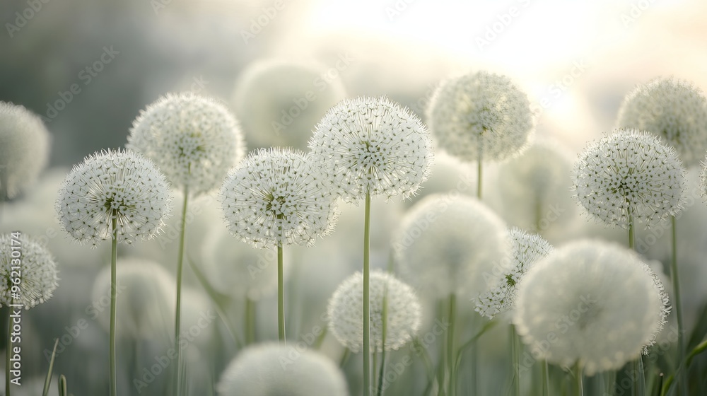Obraz premium Graceful white Allium globe flowers dance gracefully in the breeze, their ethereal beauty captured in stunning ultra-high definition detail. 