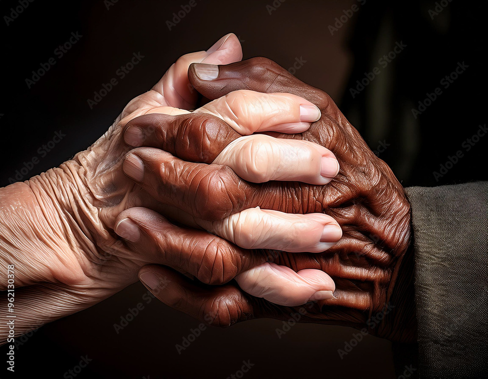 Fototapeta premium The hand of a black man holding the hand of a white man, friendship, not racism