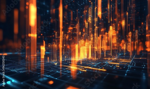 Abstract Digital Cityscape with Glowing Lines and Shapes