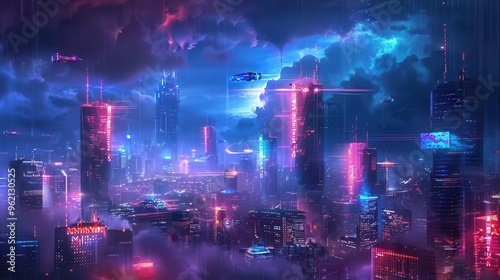 vibrant cyberpunk cityscape with neonlit skyscrapers holographic advertisements and flying vehicles against a dark stormy sky futuristic urban sprawl pulsing with electric energy