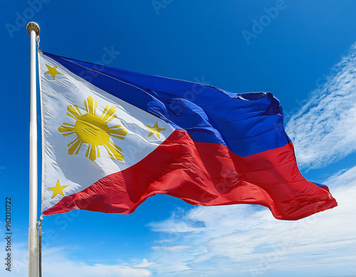 Philippine flag waving in the wind against a blue sky background