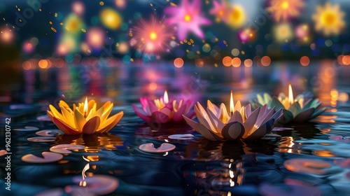 vibrant diwali celebration with illuminated lotusshaped diyas floating on water colorful rangoli patterns and glowing fireworks lighting up the night sky photo