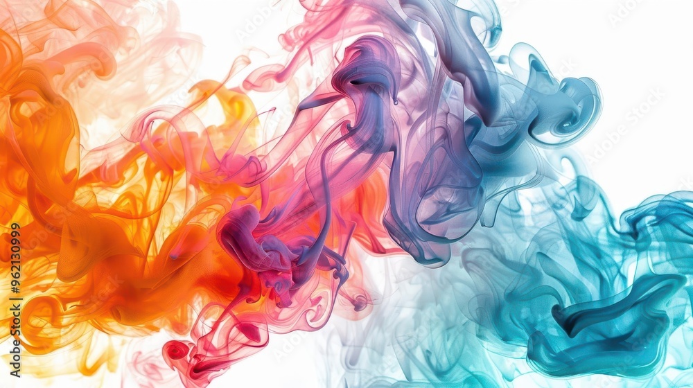 Fototapeta premium vibrant explosion of colorful smoke plumes frozen in time swirling and intertwining against pure white background creating abstract art piece