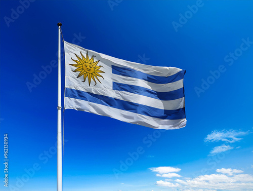 Uruguay flag waving in the wind against a blue sky background photo