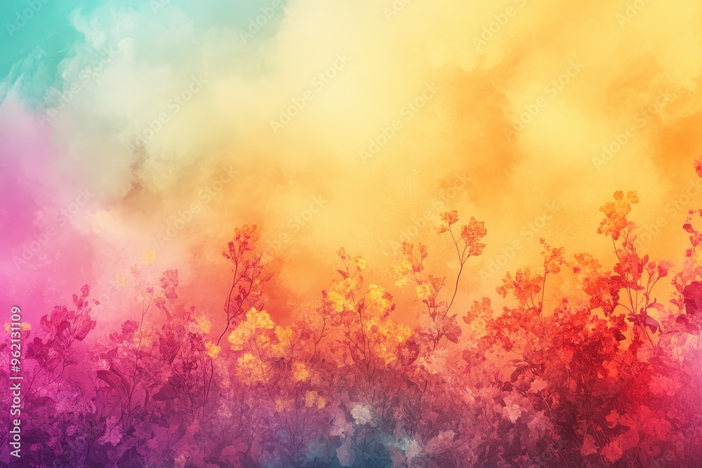 Watercolor Painting of Flowers and Clouds in a Dreamy Setting Watercolor Painting of Flowers and Clouds in a Dreamy Setting