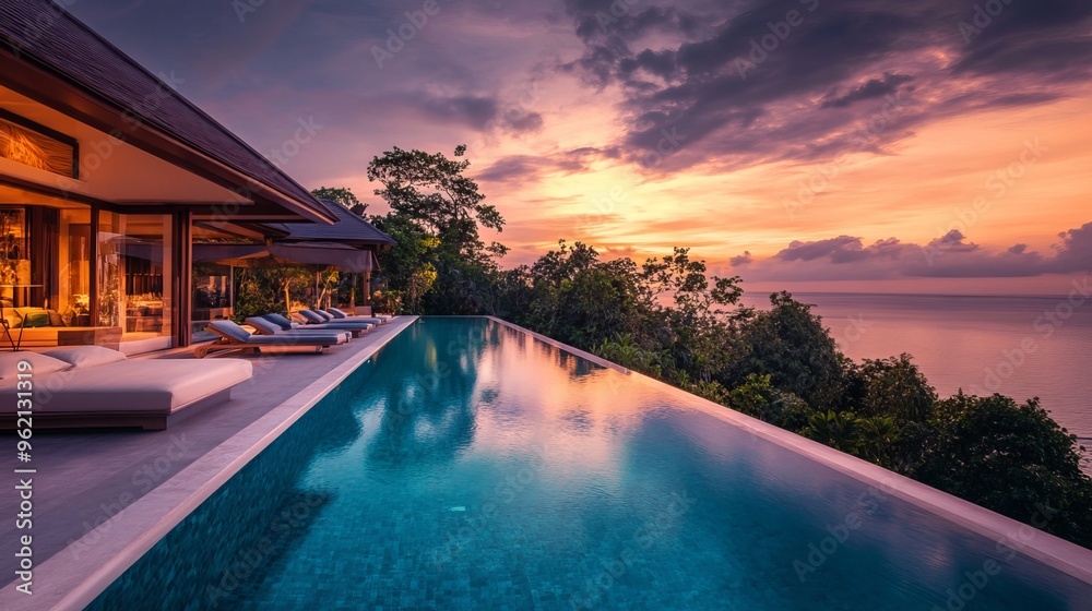 Lavish villa adorned by a shimmering pool invites guests to bask in the golden rays of sunset while nestled amidst the comfort of outdoor seating. 