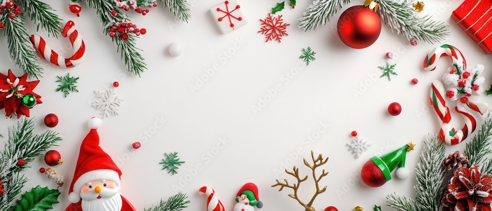 Festive Christmas border with decorations, Santa, candy canes, ornaments, and pine branches on white background. Festive Christmas border with decorations, Santa, candy canes, ornaments, and pine branches on white background.