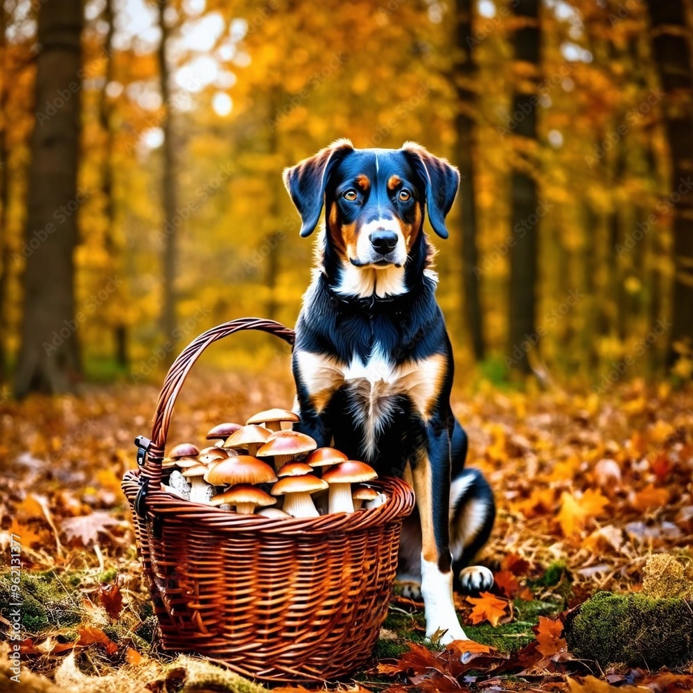 Εκτύπωση καμβά Amazing high resolution photos of a hunting dog sitting by a wicker basket full of mushrooms against the backdrop of an autumn forest on a sunny day