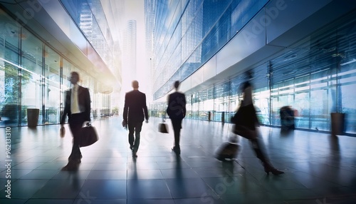 Abstract motion blur silhouette of professionals walking in modern office building with blurry lights and urban background, ideal for corporate marketing, business wallpaper, and professional trading