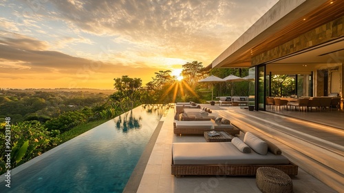 Lavish villa adorned by a shimmering pool invites guests to bask in the golden rays of sunset while nestled amidst the comfort of outdoor seating.  photo