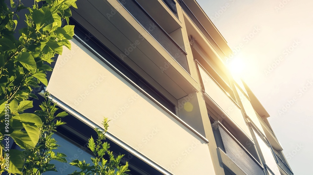 Obraz premium Modern apartment building adorned with exterior roller blinds, providing both sunlight protection and enhanced security for residents. 