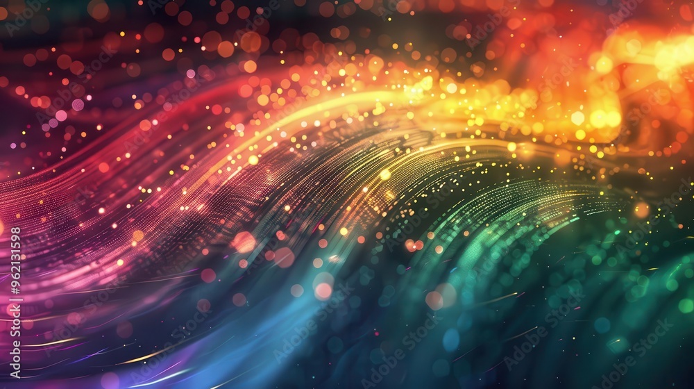 Obraz premium vibrant fiber optic cables intertwining in a cosmic dance emitting ethereal light in rainbow hues