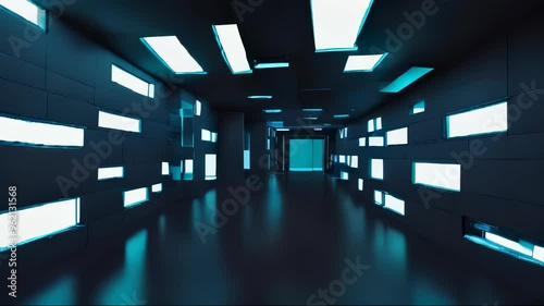 "Futuristic Corridor with Blue Lighting"