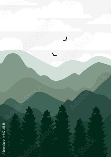 Silhouette of pine tree forest in the mountains. Aesthetic green landscape 2d illustration