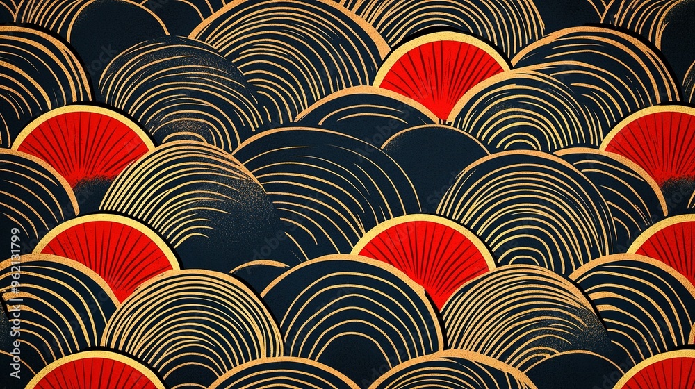 Abstract Art Deco Pattern of Red and Gold Arcs on a Dark Blue Background Abstract Art Deco Pattern of Red and Gold Arcs on a Dark Blue Background