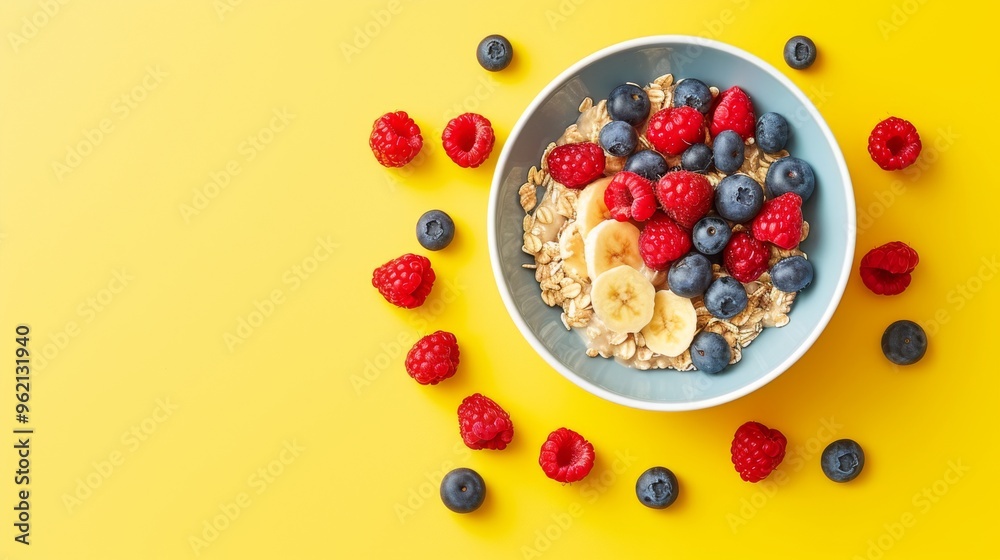 A delicious bowl of oatmeal topped with banana slices, raspberries, and blueberries, presented from a top-down perspective. The contrasting bright yellow background makes the vibrant fruits pop A delicious bowl of oatmeal topped with banana slices, raspberries, and blueberries, presented from a top-down perspective. The contrasting bright yellow background makes the vibrant fruits pop
