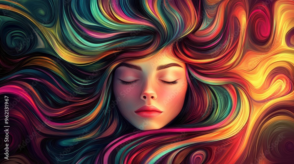 Vibrant abstract portrait of a serene woman with colorful, flowing hair, evoking harmony and creativity in a modern artistic style. Vibrant abstract portrait of a serene woman with colorful, flowing hair, evoking harmony and creativity in a modern artistic style.