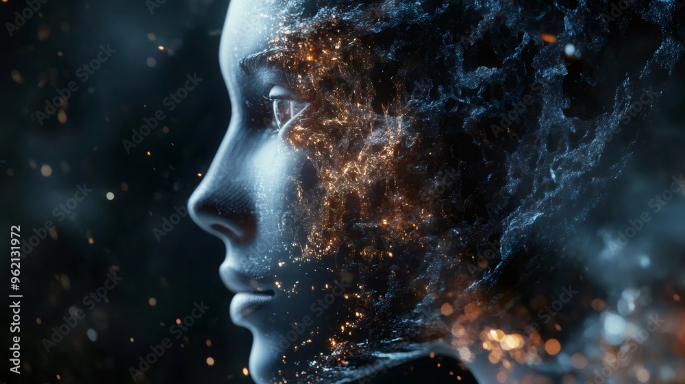 Abstract portrait of a person's face with glowing particles. Abstract portrait of a person's face with glowing particles.