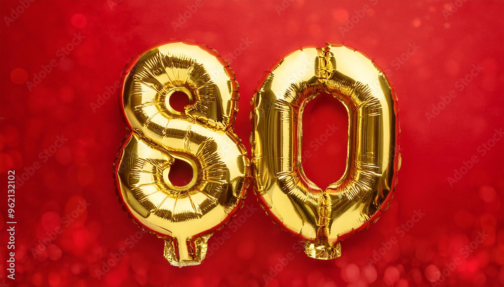 Balloon in shape of number 80 against vivid red backdrop. Happy Birthday. Holiday celebration