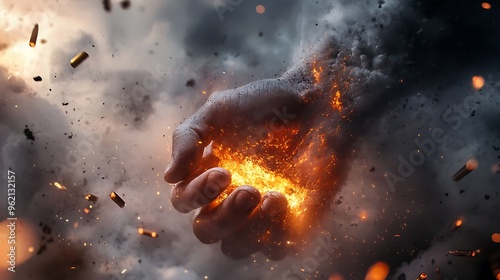 A close-up of a hand gripping a rock, fire particles glowing in the air, with bullets and smoke surrounding the scene, and a cloudy sky above