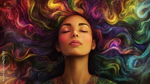 A serene portrait of a woman with colorful flowing hair, embodying creativity and inner peace in a vibrant, abstract setting.