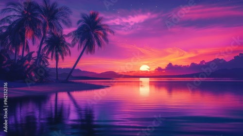 A serene sunset view with vibrant colors reflecting on calm water, surrounded by palm trees and mountains in the distance.