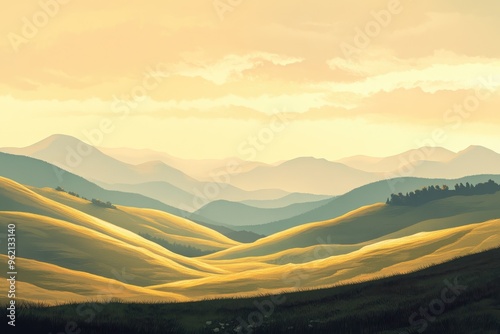 Golden Sunset Over Rolling Hills and Distant Mountains